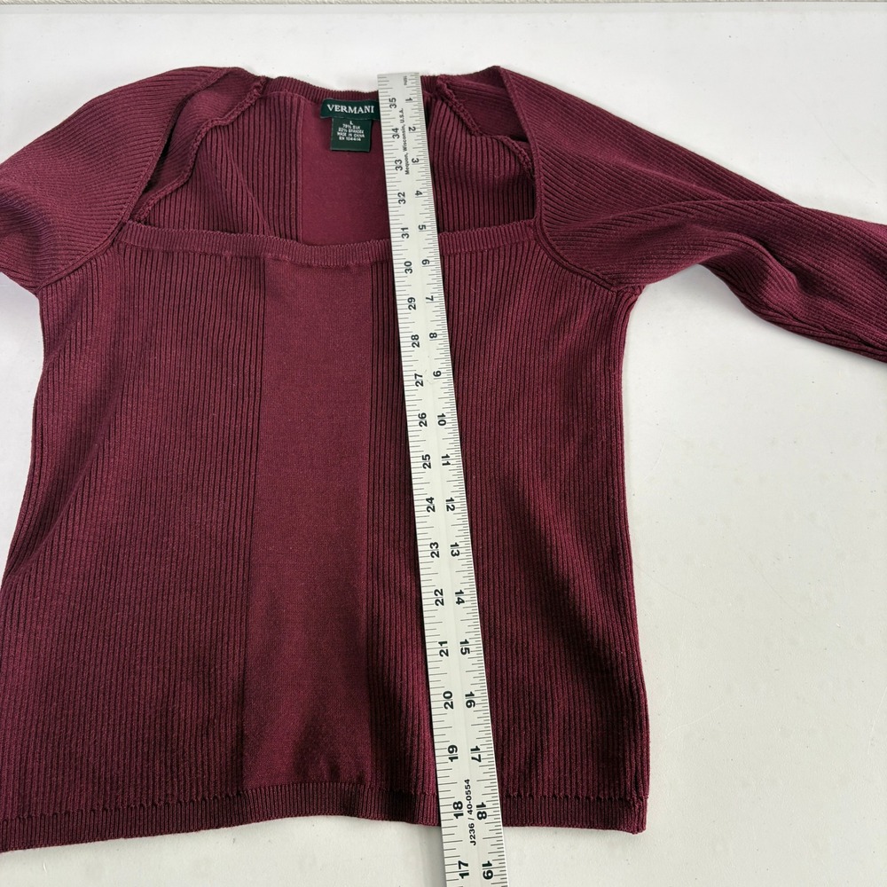 Vermani Silk Blend Sweater Womens L Burgundy Square Neck Ribbed Long Sleeve - Picture 8 of 8